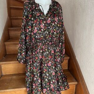 Old Navy Black Floral Gold Pinstripe Shirred Waist Blouse Sleeve Dress XL NWT